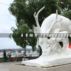 母子鹿石雕，漢白玉動物雕塑